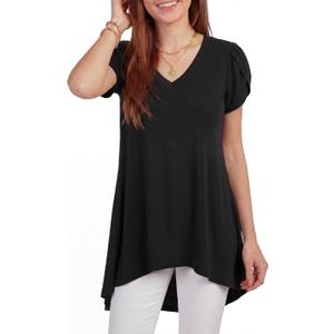 LYANER Women's Long Shirt Top to Wear with Leggings High Low Hem V Neck Short Sleeve Loose Fit Flowy Tunic Black X-Large