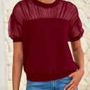 PRETTYGARDEN Women's 2025 Summer Crew Neck Short Sleeve Shirts Lace Going Out Sheer Mesh Crop Tops Dressy Casual Blouses (Red, M)