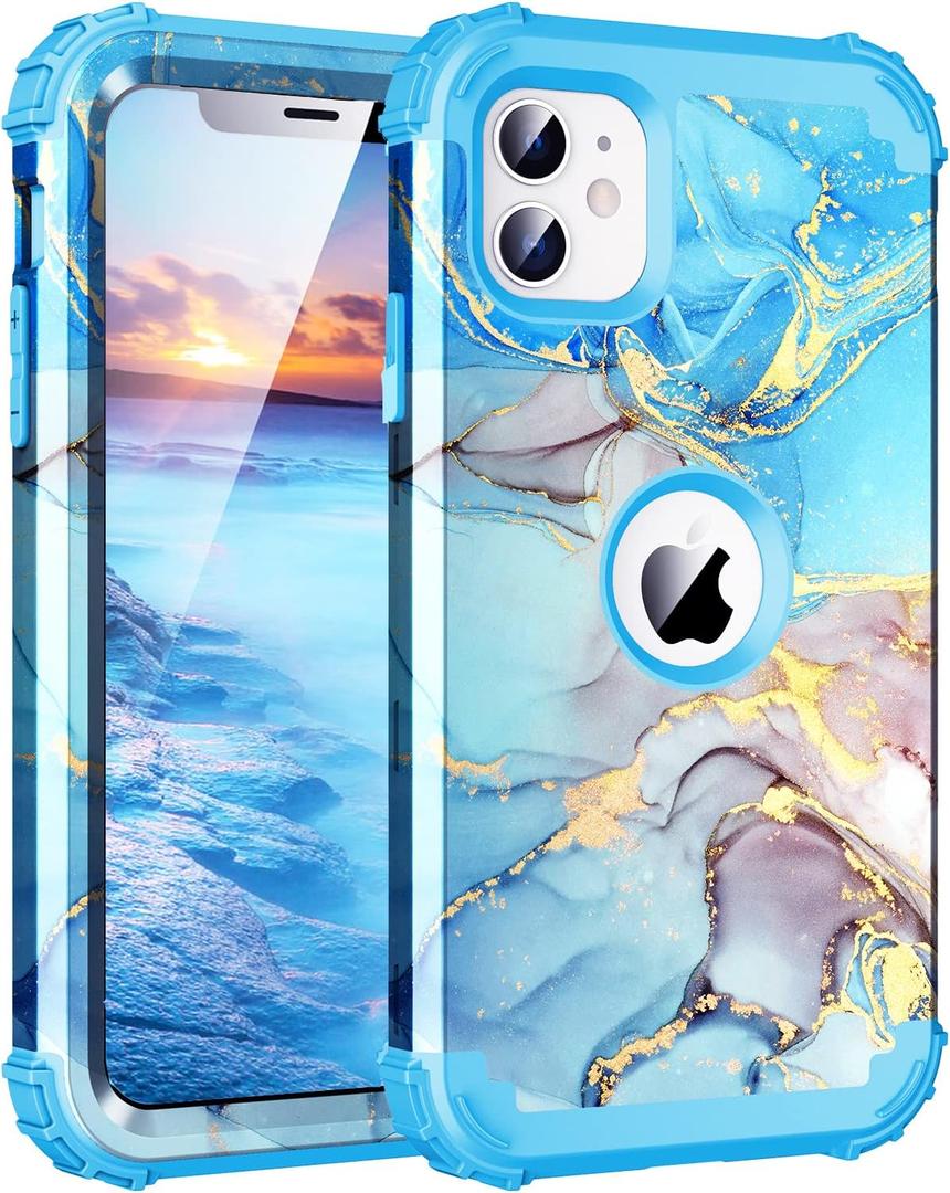 For iPhone 12 Case,Marble Design Three Layer Heavy Duty Shockproof Hybrid Hard Plastic Bumper Soft Silicone Rubber Drop Protective Cover Case for iPhone 12 6.1",Blue