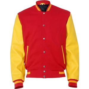 Men's Varsity Jacket Slim Fit Wool Blend Letterman Baseball Jacket (X-Large, Red and Yellow)