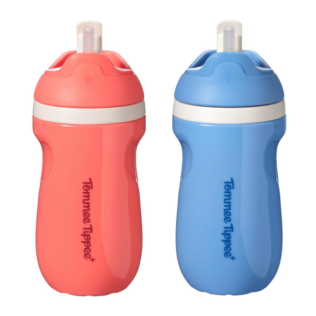 Tommee Tippee Insulated Sporty Spill-Proof Straw Cup, 12 Months+, 9oz, Toddler Training Sippy Cup, Sporty Carry Handle, Bite Resistant Spout, Flip Lid Keeps Straw Clean, Pack of 2, Blue and Red