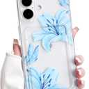 NITITOP Compatible with iPhone 16 Case with Card Holder Clear Cute Floral Lily Flowers Butterfly for Women Girls Soft TPU Shockproof Wallet Case Protective Phone Cover - Blue