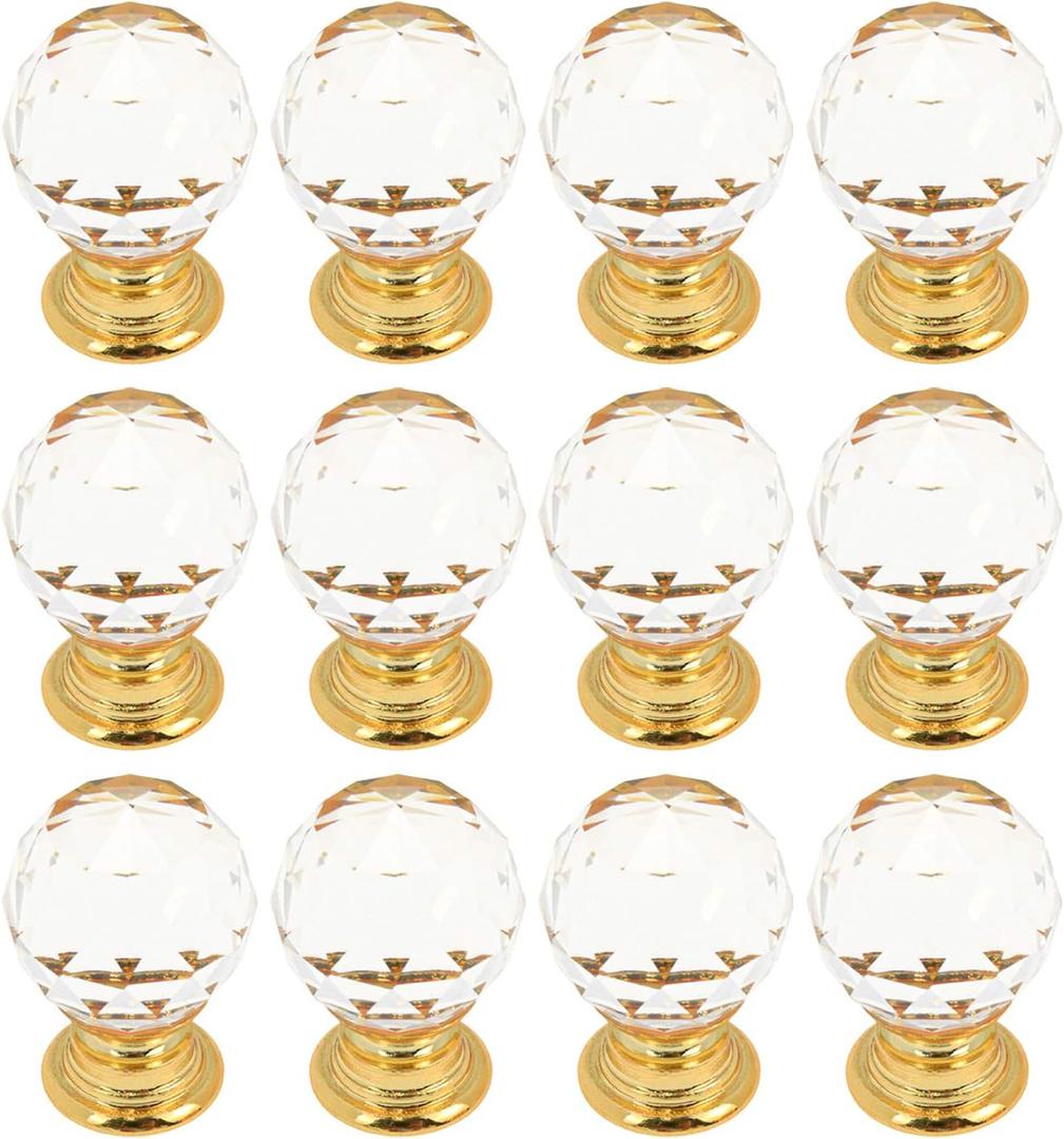 12 Pcs Crystal Drawer Knobs, Round Diamond 0.78 Inch Clear Glass Crystal Cabinet Knobs and Pull Handles - Gold Base with 25mm Screws