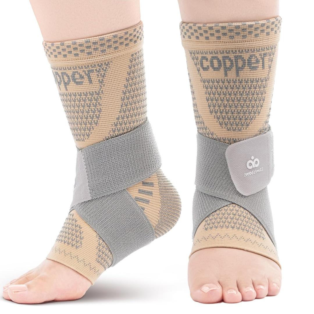 INDEEMAX Ankle Brace for Women & Men, Ankle Compression Sleeve Support Copper Infused Ankle Brace for Sprained Ankle, Plantar Fasciitis Sports, Achilles Tendonitis Pain Relief, Skin Silver, Small