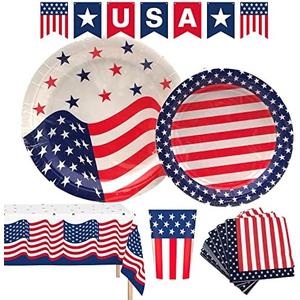 Pack Of 2 Oojami 4th of July Party Set for 18 Guests – Includes USA Flag Plates, Cups, Napkins, Table Cover & Banner – Patriotic Red White Blue Decorations – Independence Day BBQ Supplies
