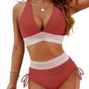 Blooming Jelly Women High Waisted Bikini Sets Tummy Control Swimsuits Color Block Two Piece Drawstring Bathing Suit, M