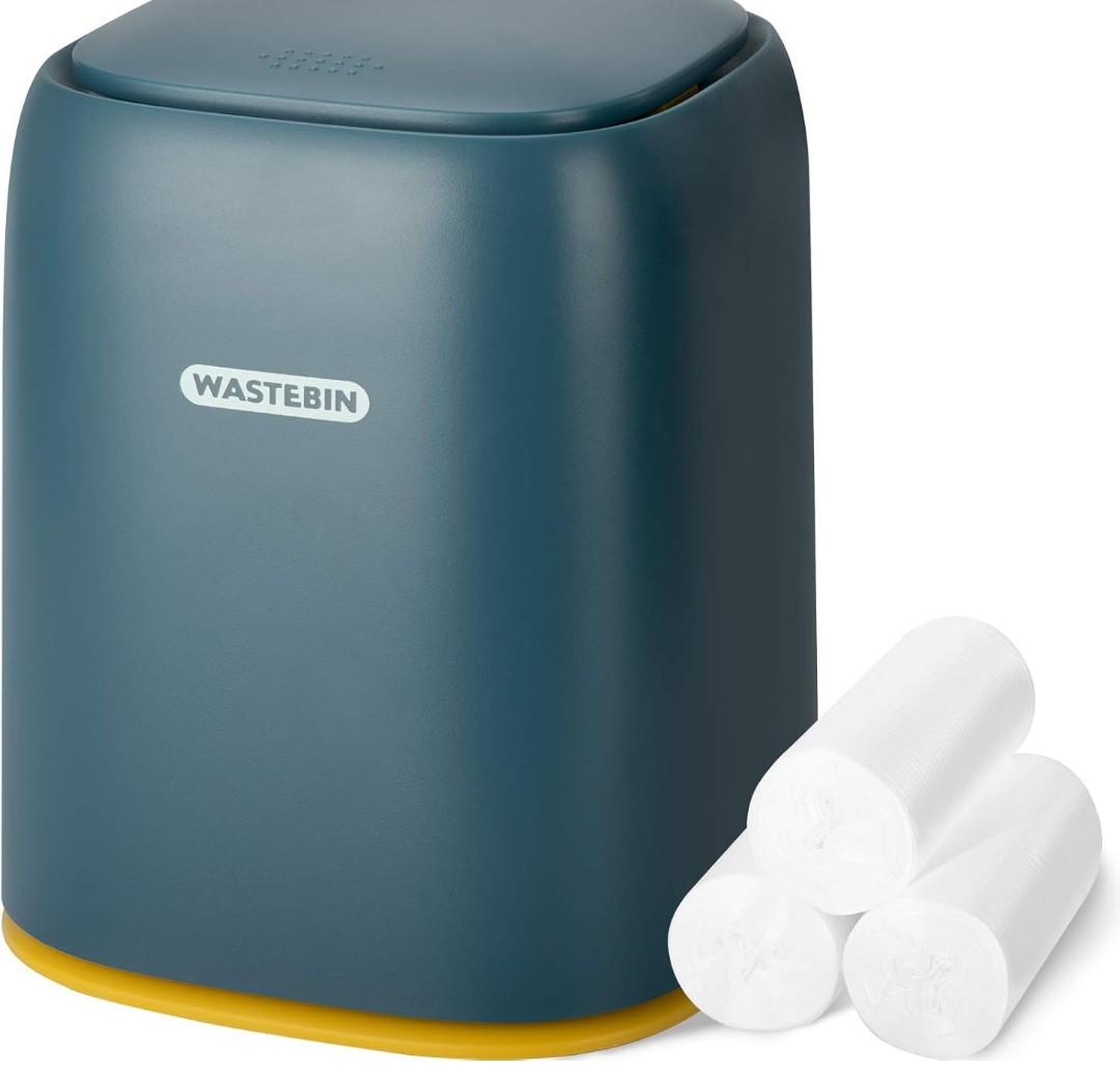 Mini Countertop Trash Can with 3 Rolls of Trash Bags, Waste Can with Press Type Lid, 1.5 L / 0.40 Gal Wastebasket Trash Can Dispenser, Mini Bin for Coffee Table, Bathroom Vanity Top(Navy Blue