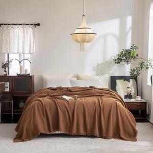 FOSSA Muslin Blanket with Fringe - 4-Layer 100% Cotton Gauze Super Soft & Breathable Throw -Lightweight Decorative Cooling Blanket for Bed, Sofa, Office (Dark Orange, Queen (90"  90"))