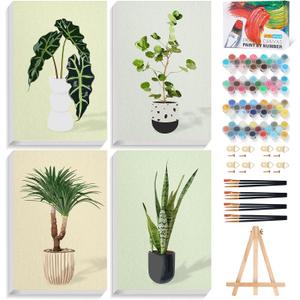 Fountor 4 Pack Framed Paint by Numbers Kit for Adults Beginners with Wooden Easel, DIY Green Plant Paint by Number Kit with Frame, Simple Plants Painting by Numbers for Home Wall Decor, 8x12 inch (LOP-4P-501)