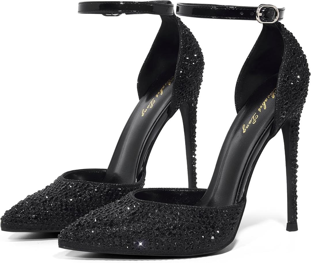 Elisabet Tang High Heels, Women Pumps D'Orsay Ankle Strap Pointed Toe Stiletto Heels Rhinestone Party Wedding Shoes Black Rhinestone Size 8