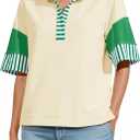 Fisoew Womens Color Block Sweatshirts Casual Short Sleeve Collared V Neck Slit Loose Summer T Shirts (Yellow)