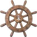 Hampton Nautical Rustic Wood Finish Decorative Ship Wheel with Anchor 12"