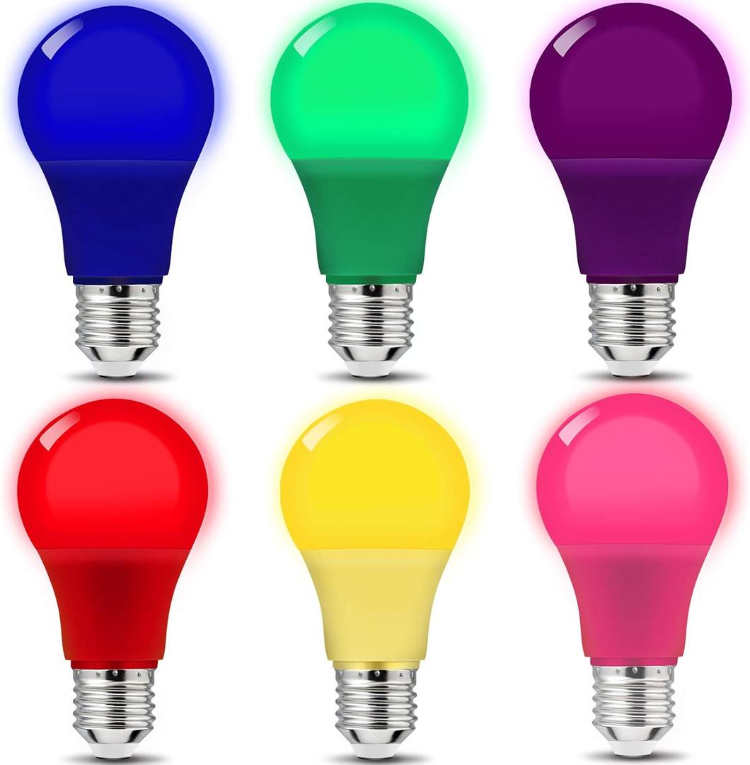 LED Colored Light Bulbs 9Watts (60W Equivalent), Non-Dimmable E26 Base for Wedding Halloween Christmas Party Bar Decor, 6-Pack