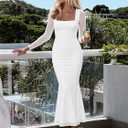 BORIFLORS Women's Ruched Bodycon Long Sleeve Maxi Dress Mesh Square Neck Cocktail Party Long Dresses (White, S)
