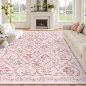 Pink Rug for Living Room 8x10, Soft Large Washable Area Rugs for Bedroom Girls, Boho Cute Floral Indoor Decor Non Slip Low Pile Carpet for Nursery Girls Room Kids Playroom