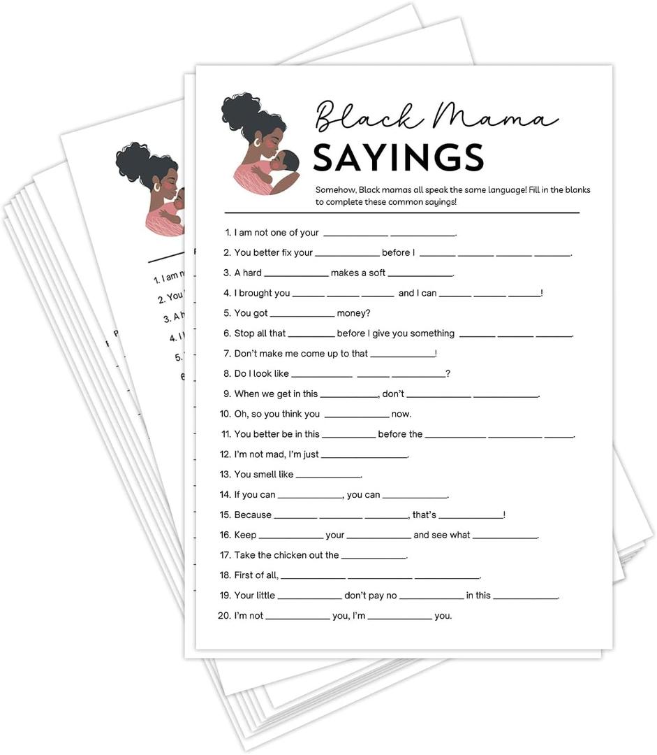 HerZii Prints Black Mama Sayings Baby Shower Game Cards with Answer Key, 50 Pack, Fun Party Activity Sheets, 5x7 Inch