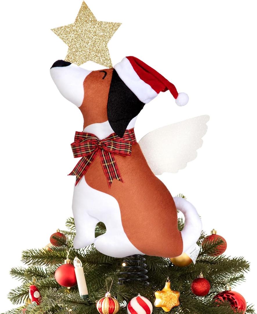 Dog Christmas Tree Topper with Hat Glitter Star & Wings Xmas Tree Ornament Brown Puppy Winter Holidays Home Decor