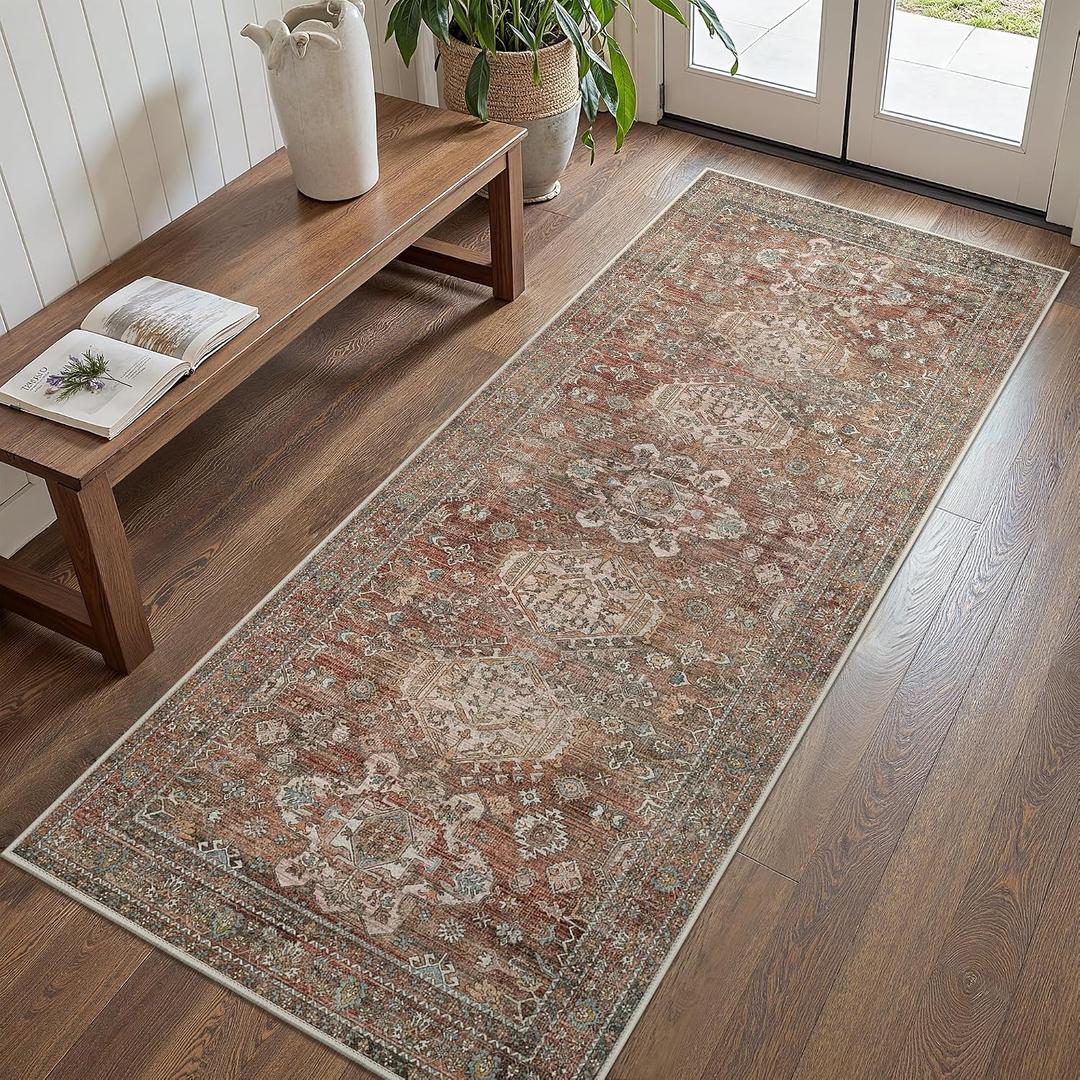 Bavni Washable Runner Rug 2x5, Non Slip Vintage Hallway Runner, Ultra Thin Low Pile Washable Carpet for Kitchen Entryway Bedroom, Brick