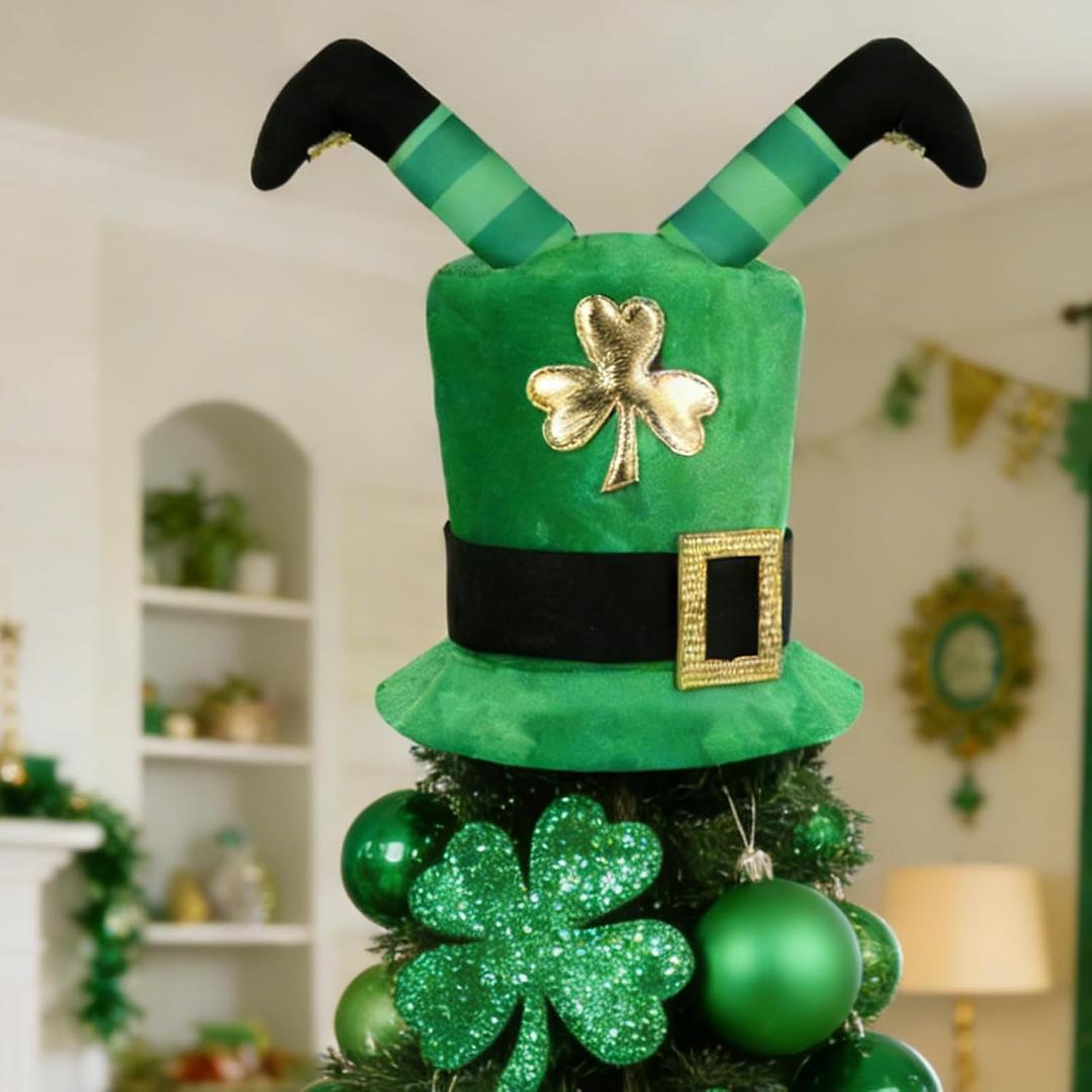 St. Patrick Day Tree Topper Hat, Green Velvet Elf Legs Hat with Shamrock, St. Patrick's Shamrock Top Cap for Holiday Home Decor, Irish Party Supplies and Christmas Ornaments