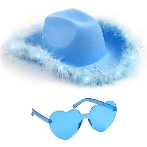 Funcredible Light Up Cowboy Hat and Glasses LED Cowgirl Hat with Feathers Cowgirl Costume Accessories for Women (Blue)