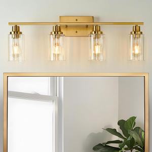 Jonsi Brushed Gold Bathroom Light Fixtures, 4-Light Brushed Gold Vanity Light, Bathroom Vanity Light with Stripe Glass Shade, E26 Wall Sconces Over Mirror for Bathroom, Living Room, Hallway (4 Light 31.1 Inch)