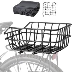 CXWXC Rear Bike Basket - Bicycle Rear Basket with Cargo Net and Waterproof Cover - Rear Mount Aluminum Bike Basket Large Capacity
