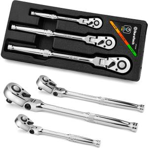 DURATECH 3-Piece Flex-Head Ratchet Set, 1/4", 3/8", 1/2" Drive Ratchet, 72-Tooth with Quick-Release Reversible Design, Chrome Alloy Made, Fully Polished, Organized in Storage Case