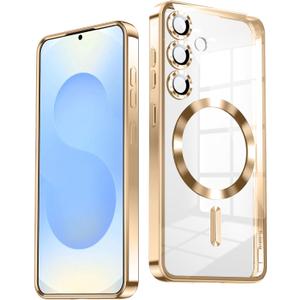 Slim Thin for Samsung Galaxy S25 Case, Compatible with MagSafe, Built-in Camera Lens Protector, Shockproof Protective Phone Case, Soft Electroplated Clear Phone Cover, Gold