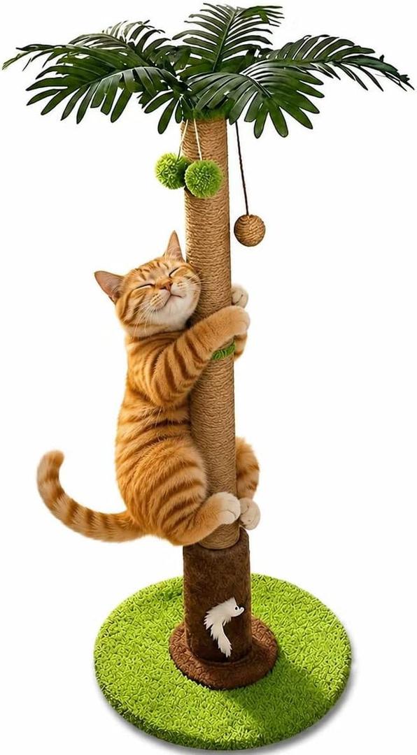 RPZ Palm Tree Cat Scratching Post for Indoor Cats, Tall Sisal Cat Scratcher Tree with Sturdy Base, Cute Cat Scratch Post for Kittens & Adult Cats