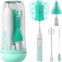 Electric Bottle Brush Cleaner, Portable Electric Baby Bottle Brush Cleaner for Travel, Rechargable Travel Bottle Cleaner Kit with Nipple & Straw Brush, Perfect Mom Essentials After Birth Gift, Green (Round Model for Home Use)
