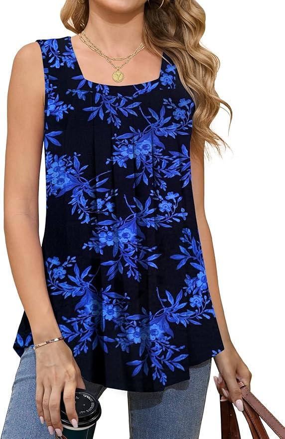 Women Tank Tops Summer Square Neck Sleeveless Tops Loose Fit Flowy Cute Casual Shirts, Size Large