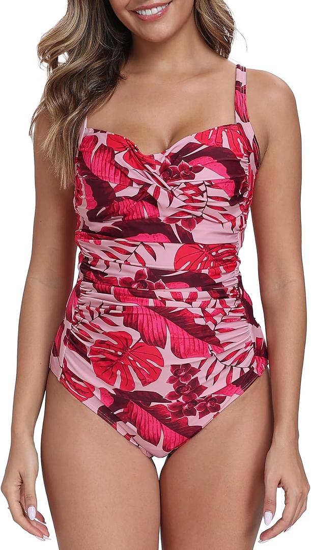 Itzel Women's Twist Front One Piece Swimsuit Ruched Tummy Control (Pink)