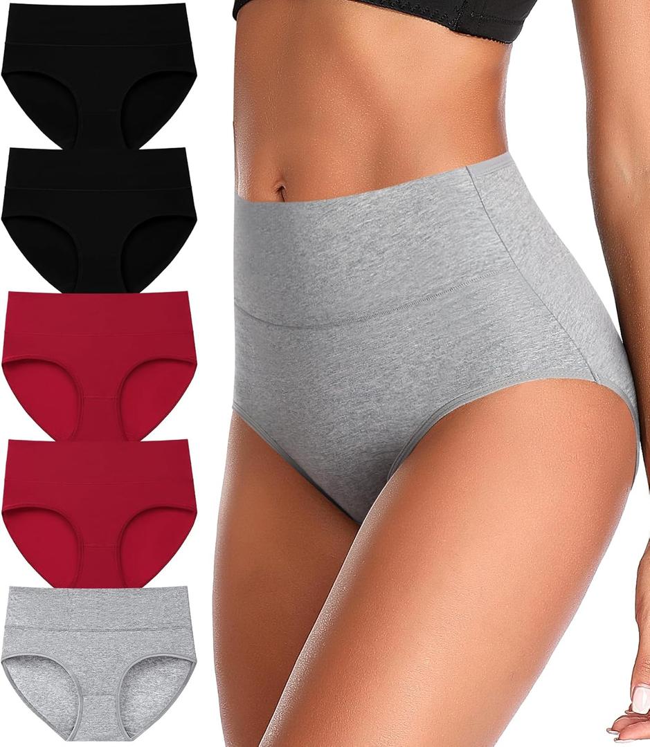 ASIMOON Tummy Control High Waisted Underwear for Women Cotton Plus Size Full Coverage Panties Ladies Briefs (X-Large, Multicoloured-05-5 Pack)