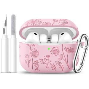 Lerobo for AirPods Pro 3 Case Cover with Cleaner Kit, Cute Flower Engraved Silicone Protective Cover with Keychain Compatible with Apple AirPod Pro 3rd Generation Case 2025 for Women and Girls, Pink