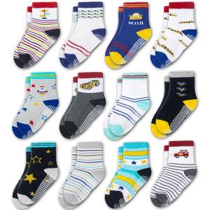 Evercute Toddler Girls Grip Socks 12 Pack Boys Non Slip Socks for Kids Anti Skid (Boys Vehicles Style 12 Pairs) 1-3T