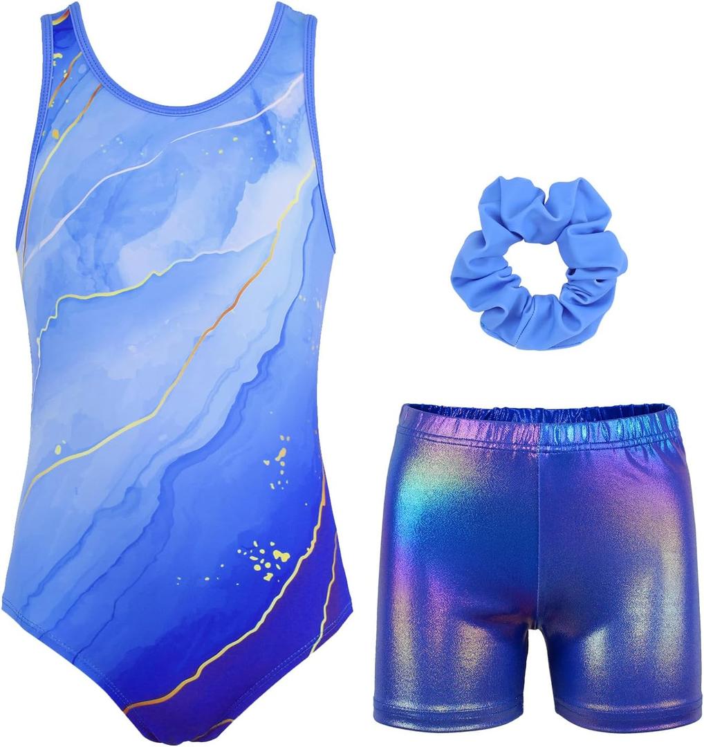 Gymnastics Leotards for Girls with Shorts Sparkly Ballet Dance Activewear (8-9 Years, Turquoise Set)