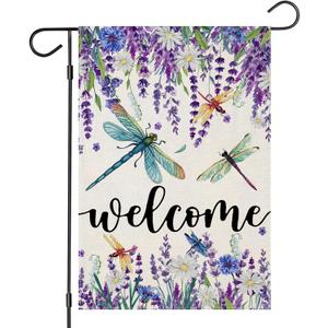 Welcome Summer Garden Flags for Outside, Seasonal Watercolor Lavender with Dragonfly for Holiday Spring Decor Small Yard Outdoor Decoration 12x18 Inch Double Sided