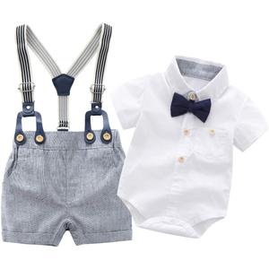 Boarnseorl Baby Boys Gentleman Outfits Suits, Infant Shirt+Shorts+Bow Tie+Suspenders (White, 8-9M)
