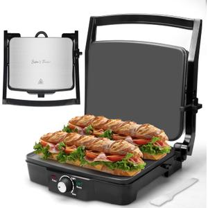 Baker's Friend Panini Press Electric Griddle, Panini Grill Press Sandwich Maker Press, Grilled Cheese Maker, Sandwichera Electrical, Browning Control, Non Stick Surfaces, 4-Slices, Stainless Steel, Black
