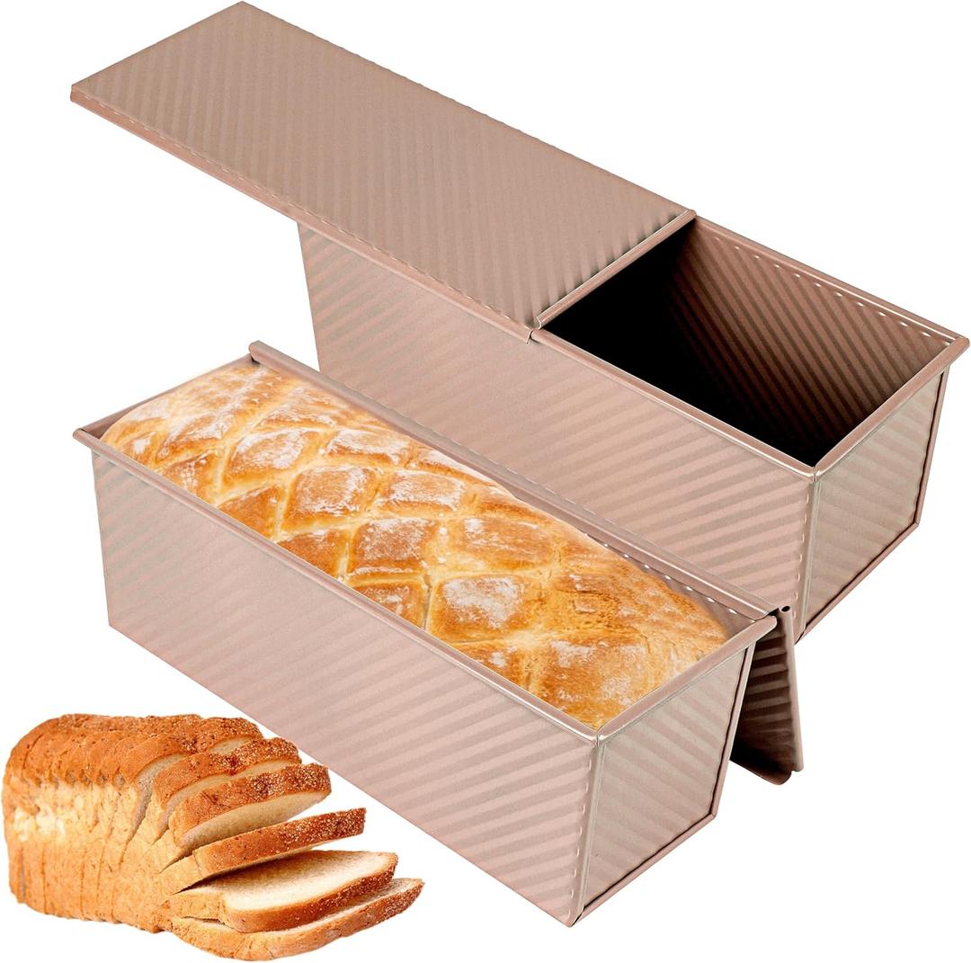 2-pack 2.2lb Gold Pullman Loaf Pan with Lid, Premium Non-Stick Coating Bread Pan, PFTE and PFOA-Free, Safe and Healthy Baking for Homemade Bread with Family-sized Recipes (13inch)