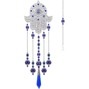 Crystal Prism Suncatcher Ornament with Hamsa Fatima Hand Protection Charm Turkish Greek Blue Evil Eye Sapphire Crystals Beads for Window Hanging Decoration