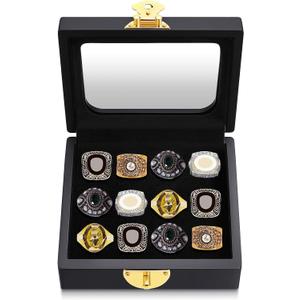 Equsion Championship Ring Display Case 12 Slots Baseball Ring Holder Box for Single Replica Baseball Softball Football Sports Souvenirs Storage Organizer Wooden Box