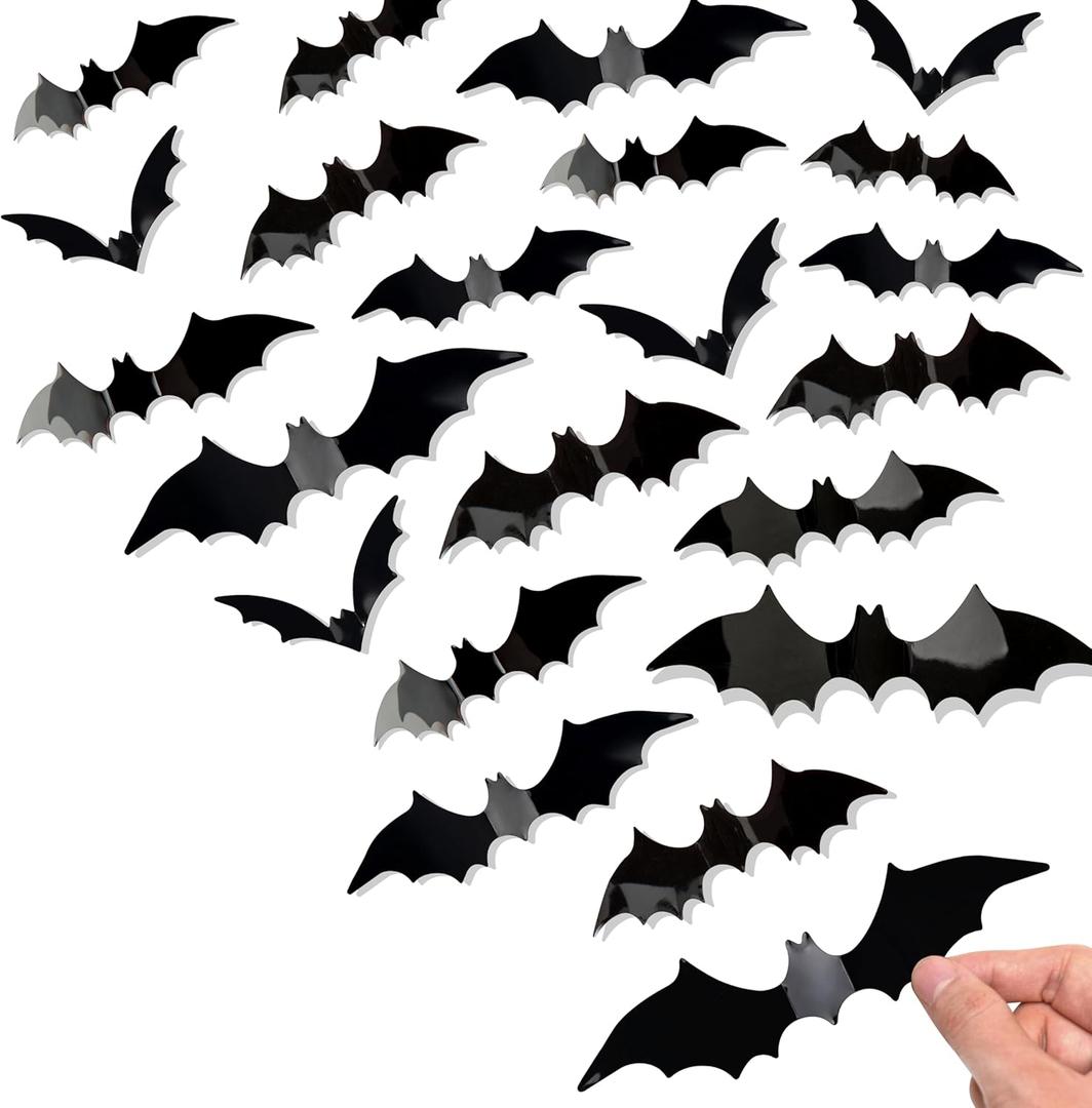 4 x Bobobag 120 Pcs 3D Bats Halloween Decorations,Halloween Wall Decor 4 Sizes Black Bats Sticker for Wall Window