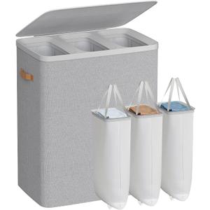 SONGMICS Laundry Basket, 50.2 Gal. Laundry Hamper, 3 Compartments, Easy Assembly, with Lid and Handles, Removable Liners, 25.2 x 15.7 x 29.5 Inches, Dove Gray ULCB814GD01