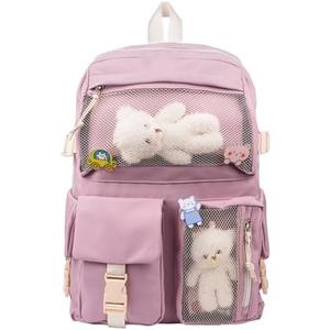 Thanps Kawaii Backpack for Girls, Cute Aesthetic Backpack with Pin Accessories Plush Pendant for School Girl Bookbag (Pink)