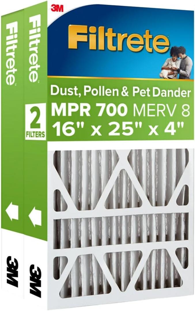 Filtrete 16x25x4 AC Furnace Air Filter, MPR 700, MERV 8, Fits Lennox & Honeywell Device, Capture Dust, Pollen & Pet Dander, Electrostatic Air Cleaning Filter, 2-Pack (Actual Size 15.88x24.56x4.31 in)