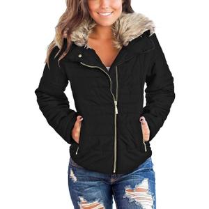 Vetinee Women Casual Faux Fur Lapel Zip Pockets Quilted Parka Jacket Puffer Coat, XXL