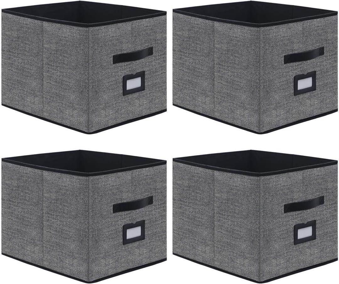 Onlyeasy Extra Large Foldable Cloth Storage Cubes 4 Pack with Label Holders - Fabric Storage Bins Baskets Organizers for Home Office Nursery with Handles, 13 L x 15 W x 13 H Inch, Black, MXABXL04PLP