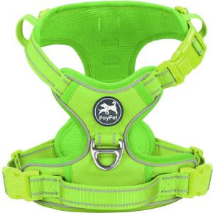 PoyPet No Pull Dog Harness, No Choke Reflective Dog Vest, Adjustable Pet Harnesses with 2 Leash Attachments with Easy Control Padded Handle for Small Medium Large Dogs(Green Matching Trim,M)