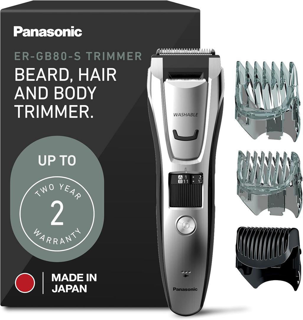 Panasonic Multi-Groomer Electric Beard Trimmer for Men, Mens Trimmer for Beard, Hair and Body, 39 Trim Length Settings with 3 Attachments, Corded/Cordless Operation  ER-GB80-S (Silver)